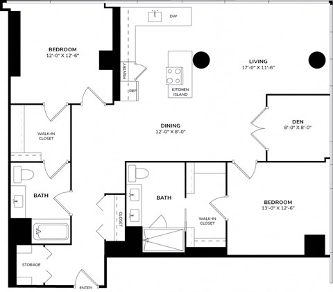 A floor plan of a house with a den, two bedrooms, a living room, a kitchen, two bathrooms, a walk-in closet, and a storage area.